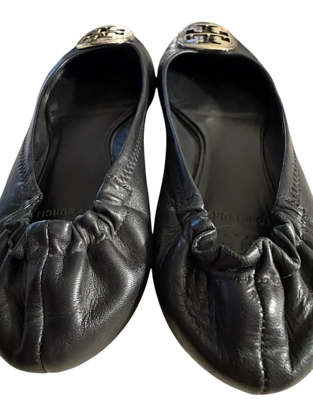 Tory Burch Black Leather Ballet Flats with Gold Logo Medallion
